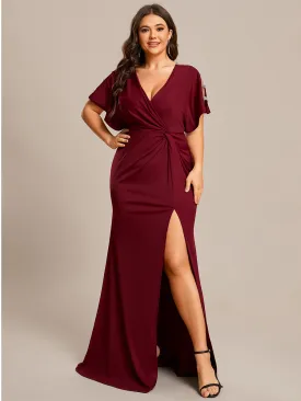 Plus Deep V Neck High Split Pleated Wholesale Evening Dresses