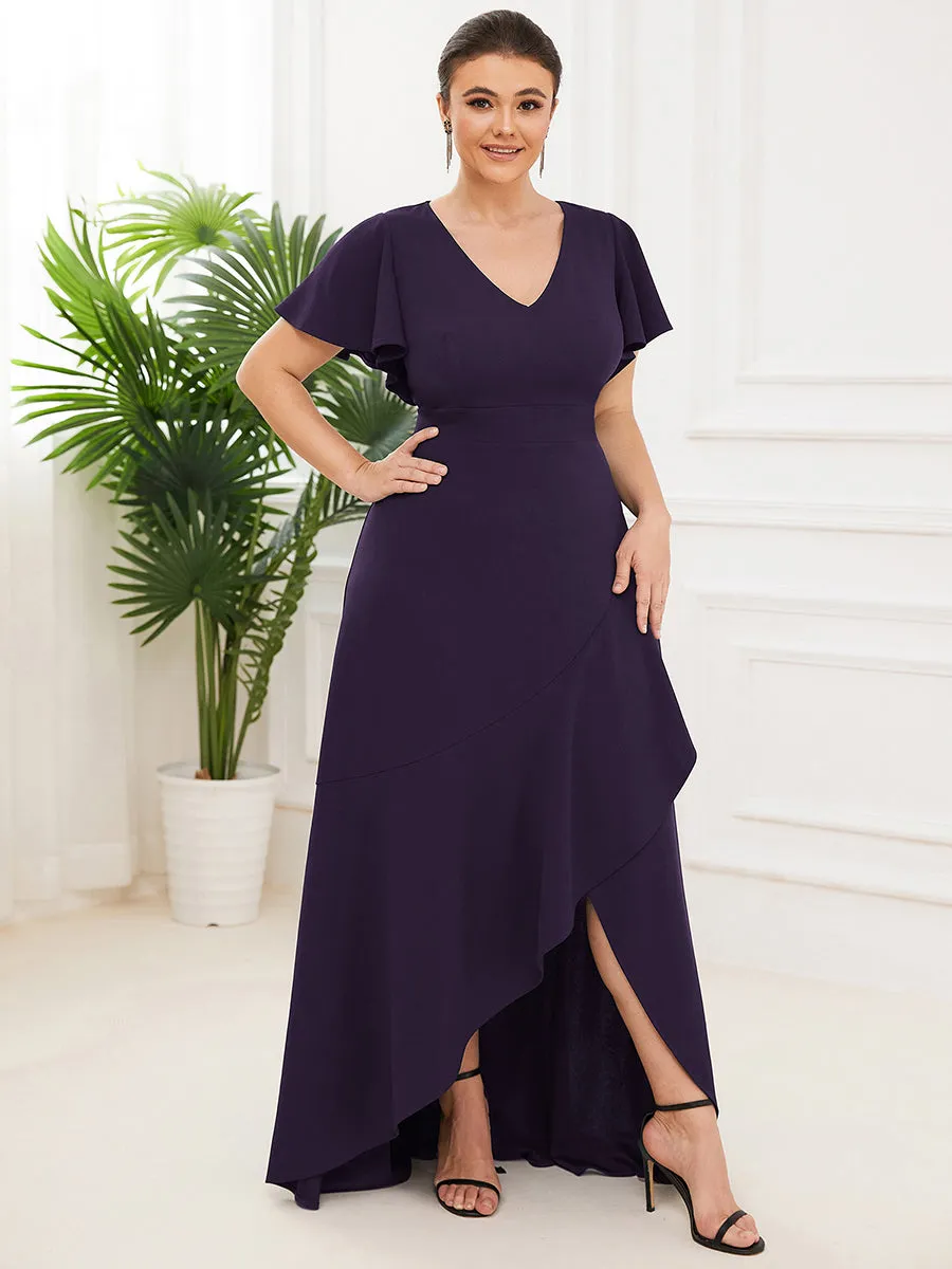 Plus Deep V Neck Short Ruffles Sleeves Split Wholesale Evening Dresses