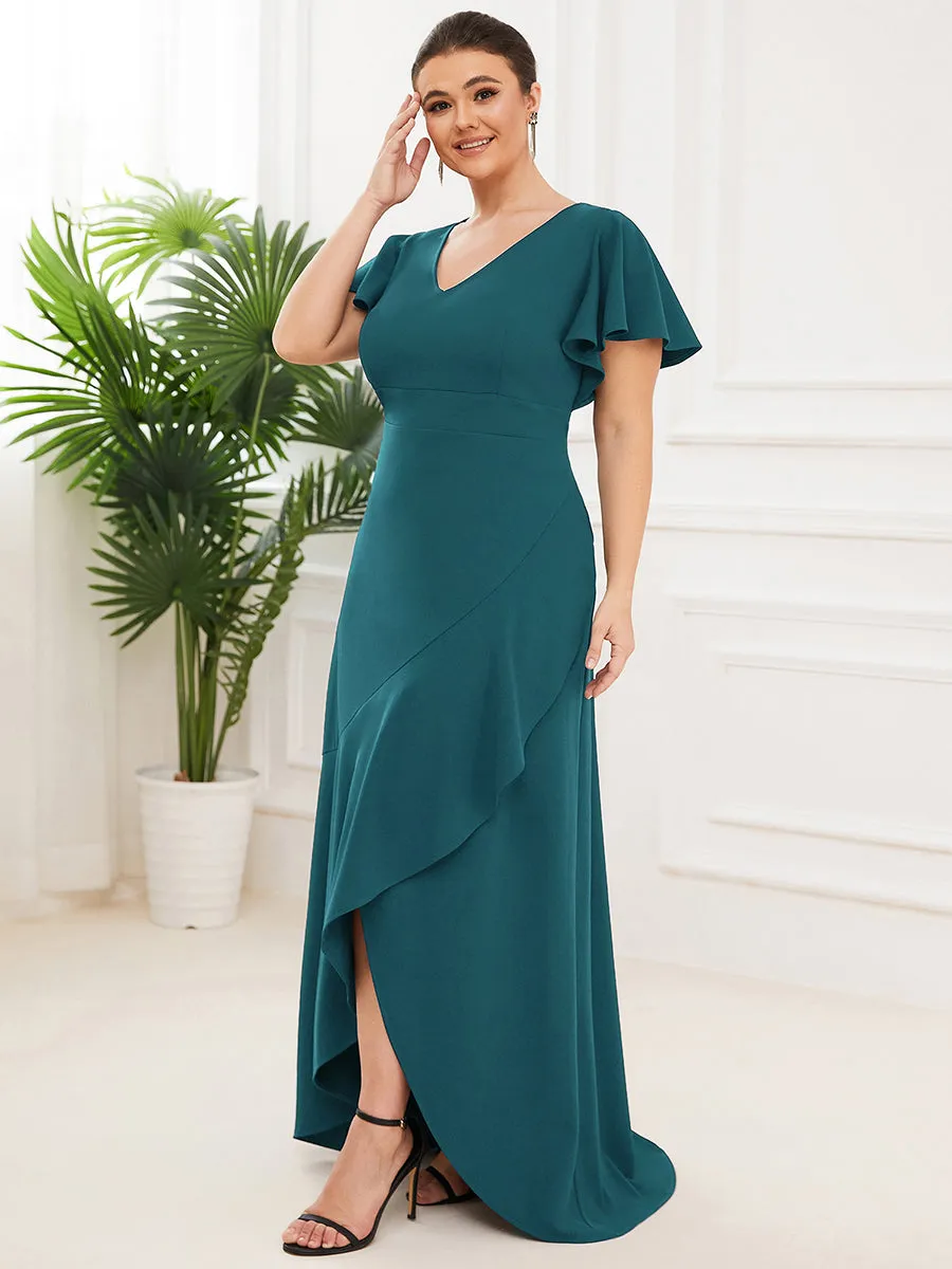 Plus Deep V Neck Short Ruffles Sleeves Split Wholesale Evening Dresses