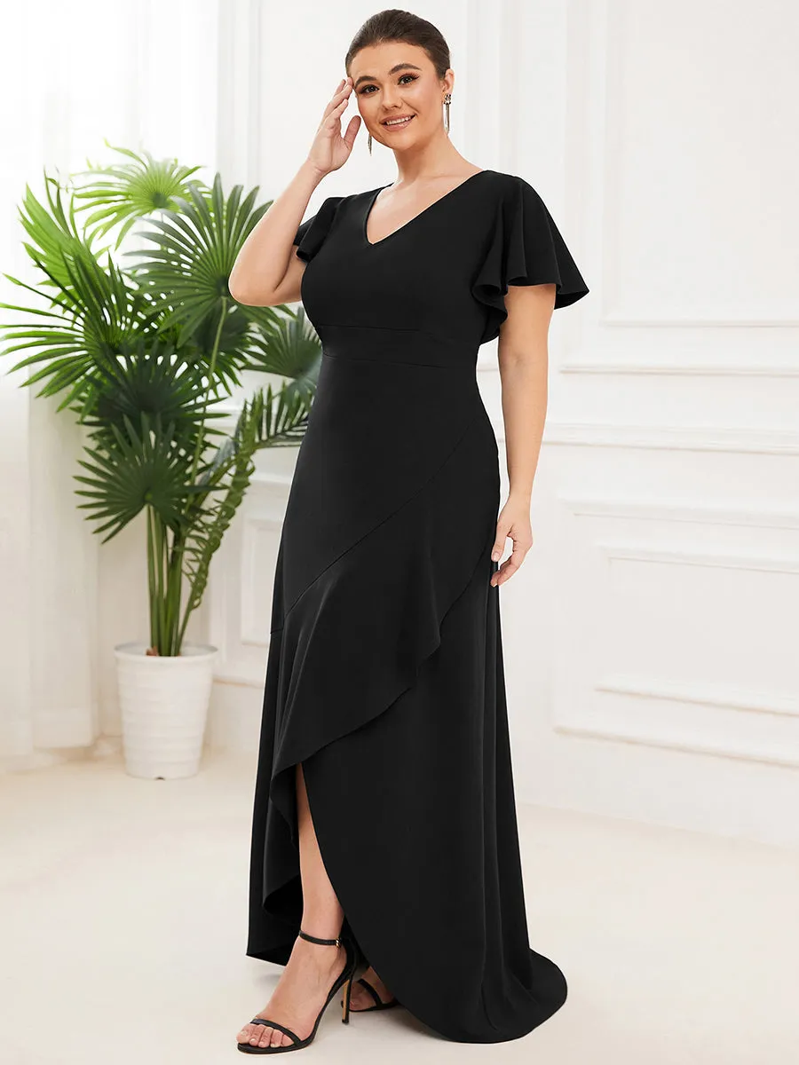 Plus Deep V Neck Short Ruffles Sleeves Split Wholesale Evening Dresses