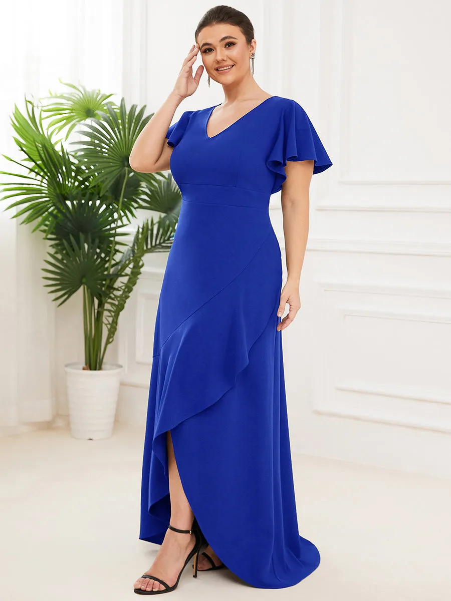 Plus Deep V Neck Short Ruffles Sleeves Split Wholesale Evening Dresses