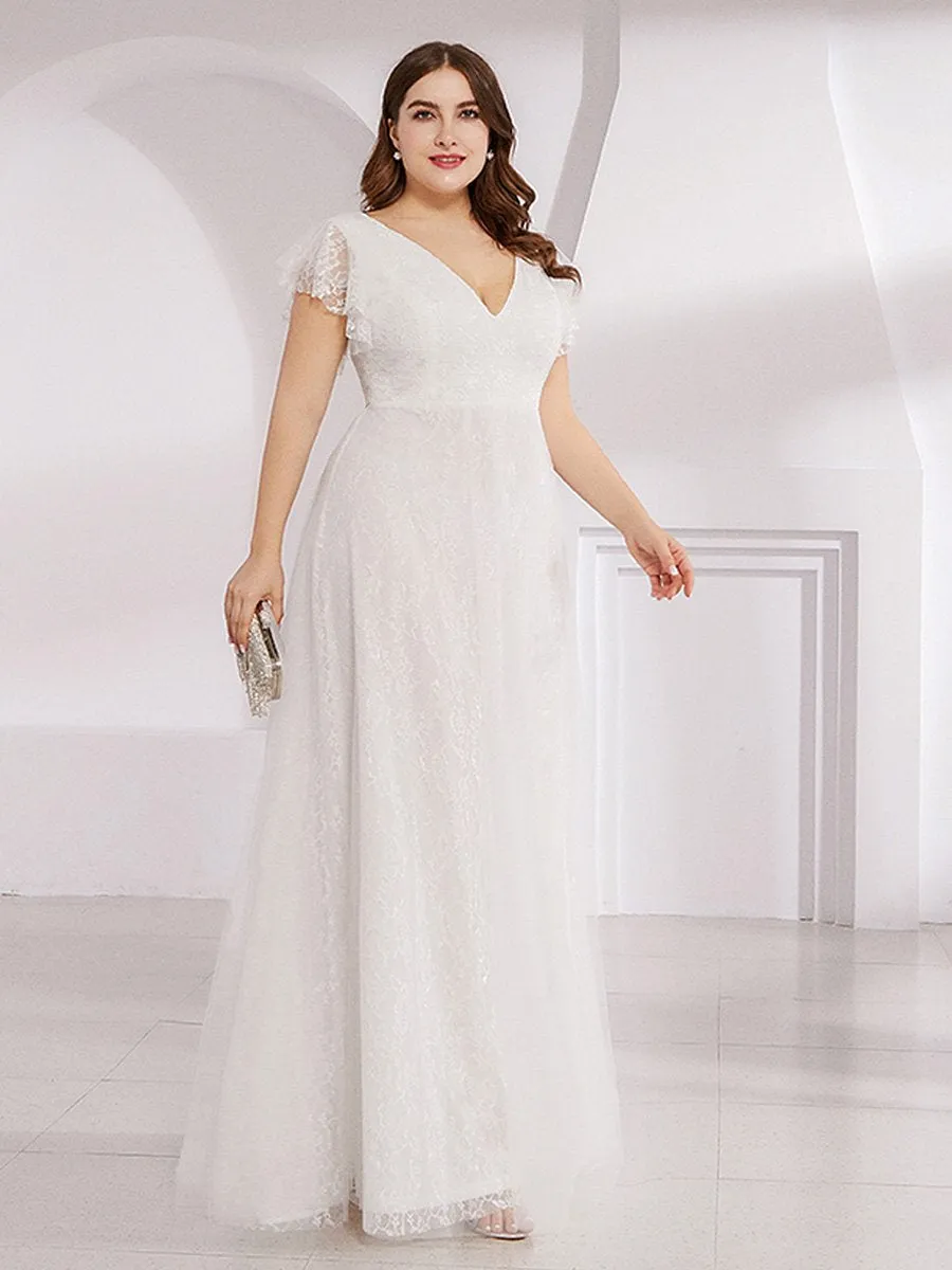 Plus Size Double V Neck Lace Evening Dresses with Ruffle Sleeves