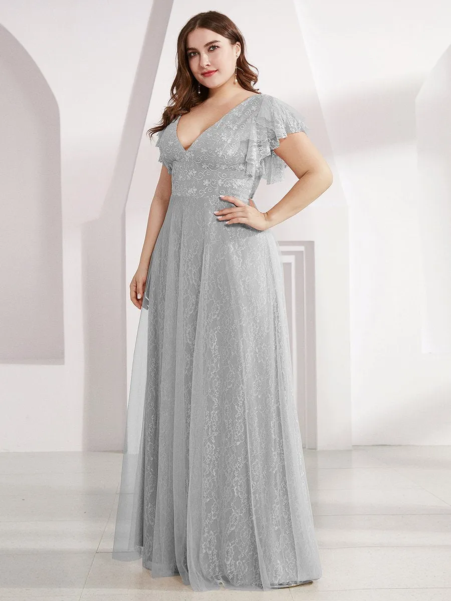 Plus Size Double V Neck Lace Evening Dresses with Ruffle Sleeves