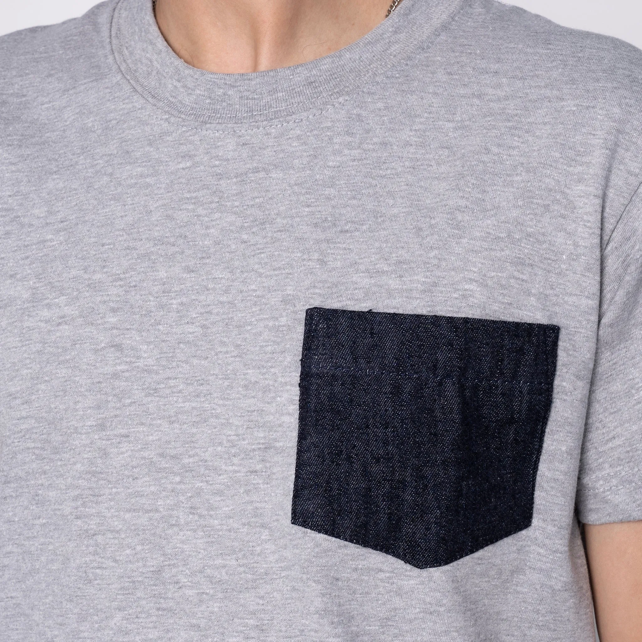 Pocket Tee - Heather Grey   Slub Nep Rinsed Denim