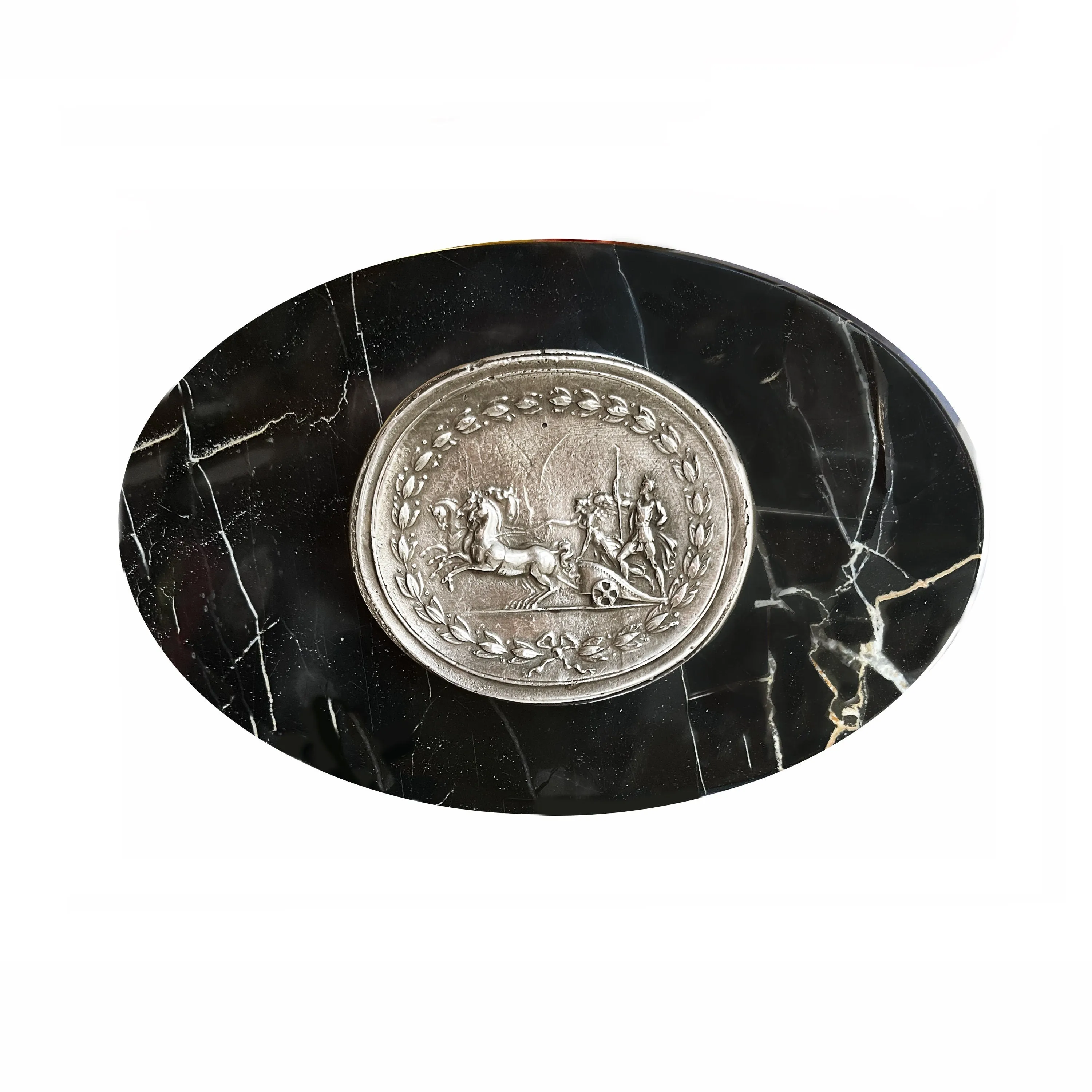 Portoro marble paperweight with sterling silver plaque depicting the Emperor Augustus on the chariot of winged Victory