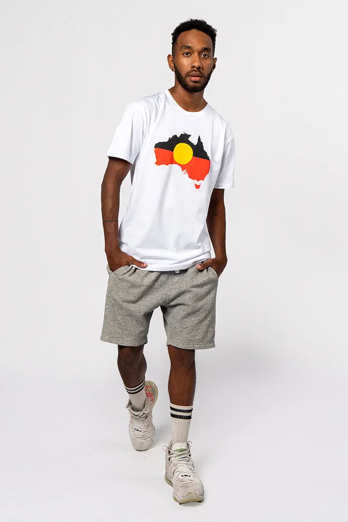 Raise the Flag Unisex Aboriginal Flag (Australia) White Cotton Crew Neck T-Shirt