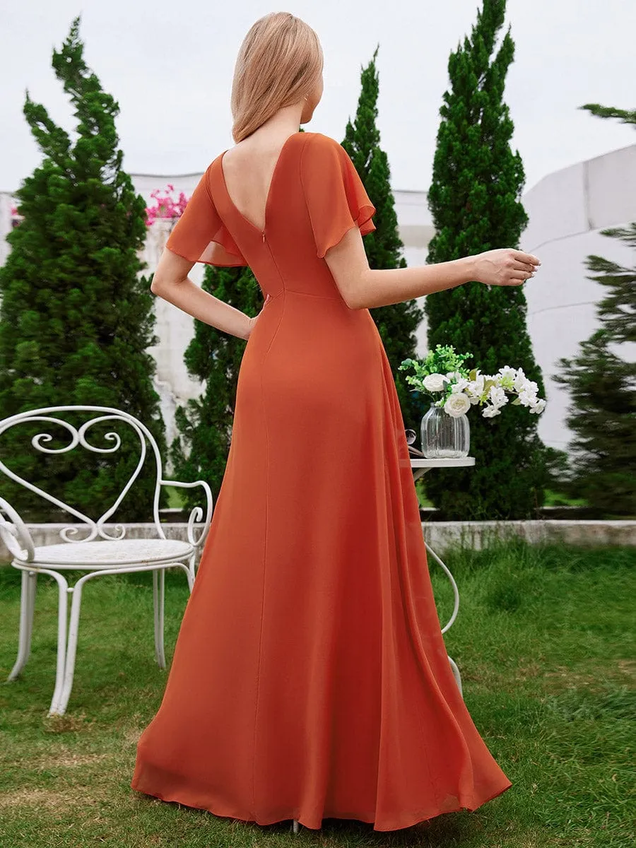 Ruffled Sleeves and V-Neck Pleated A-Line Chiffon Bridesmaid Dress