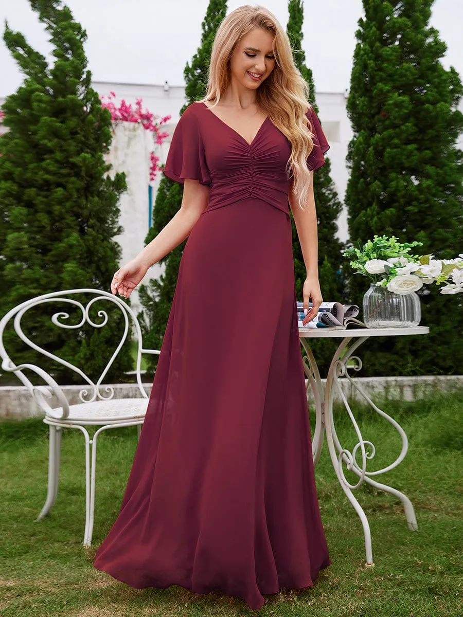 Ruffled Sleeves and V-Neck Pleated A-Line Chiffon Bridesmaid Dress