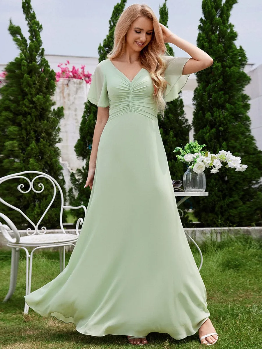 Ruffled Sleeves and V-Neck Pleated A-Line Chiffon Bridesmaid Dress