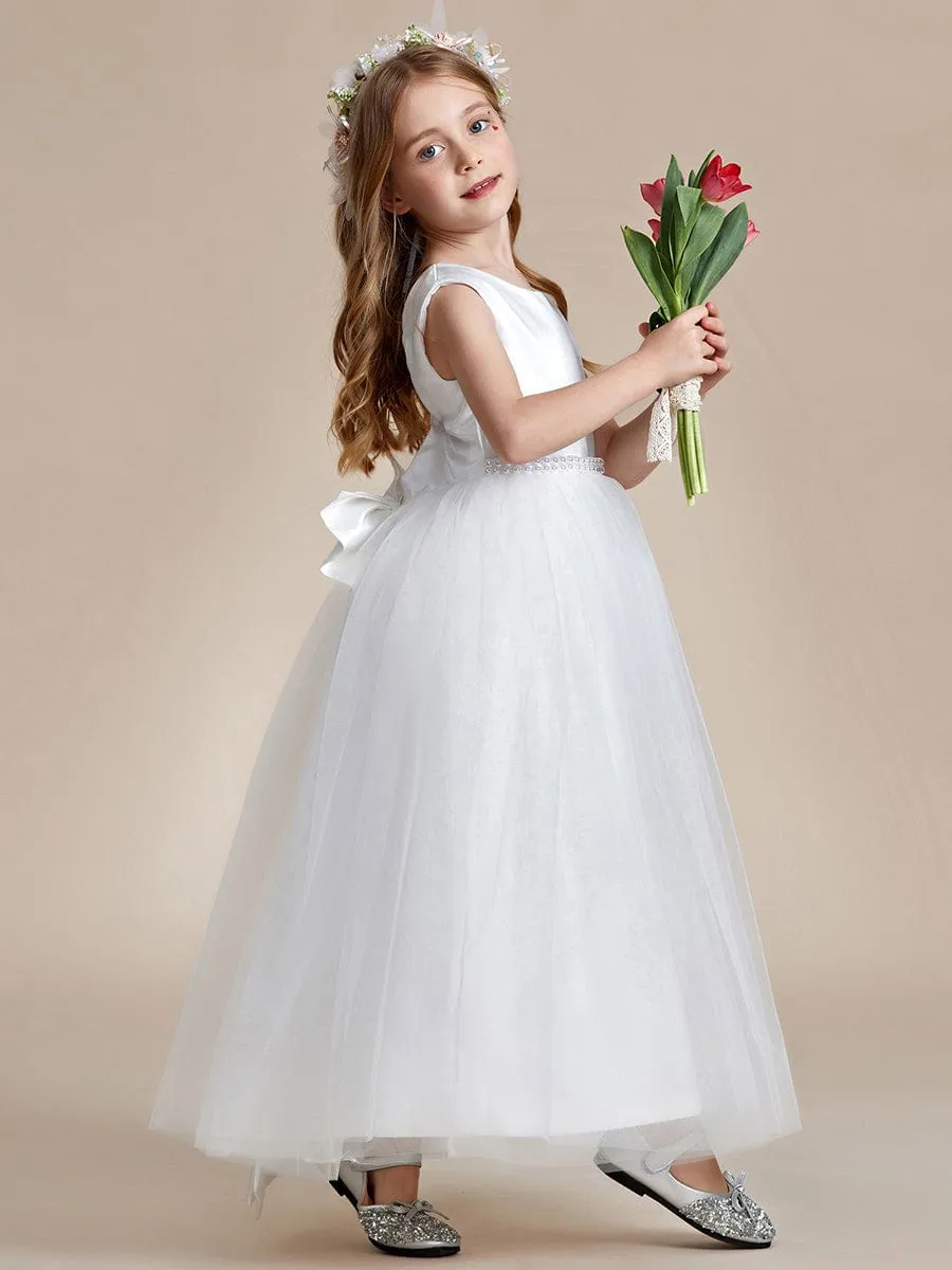 Satin Beaded Tulle Princess Flower Girl Dress With Back Bow