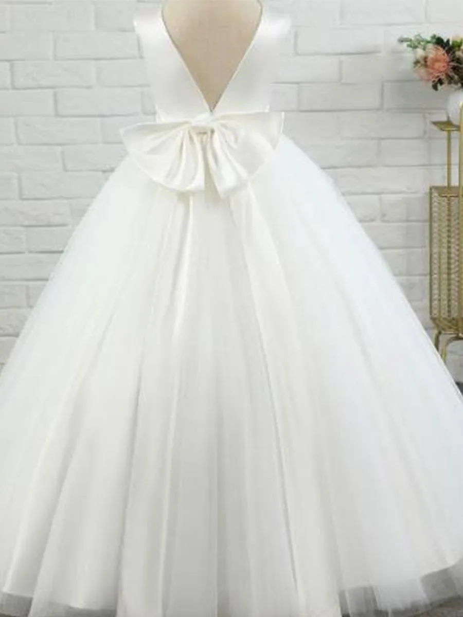 Satin Beaded Tulle Princess Flower Girl Dress With Back Bow