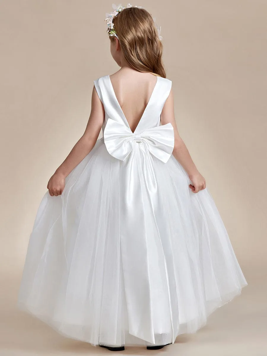 Satin Beaded Tulle Princess Flower Girl Dress With Back Bow