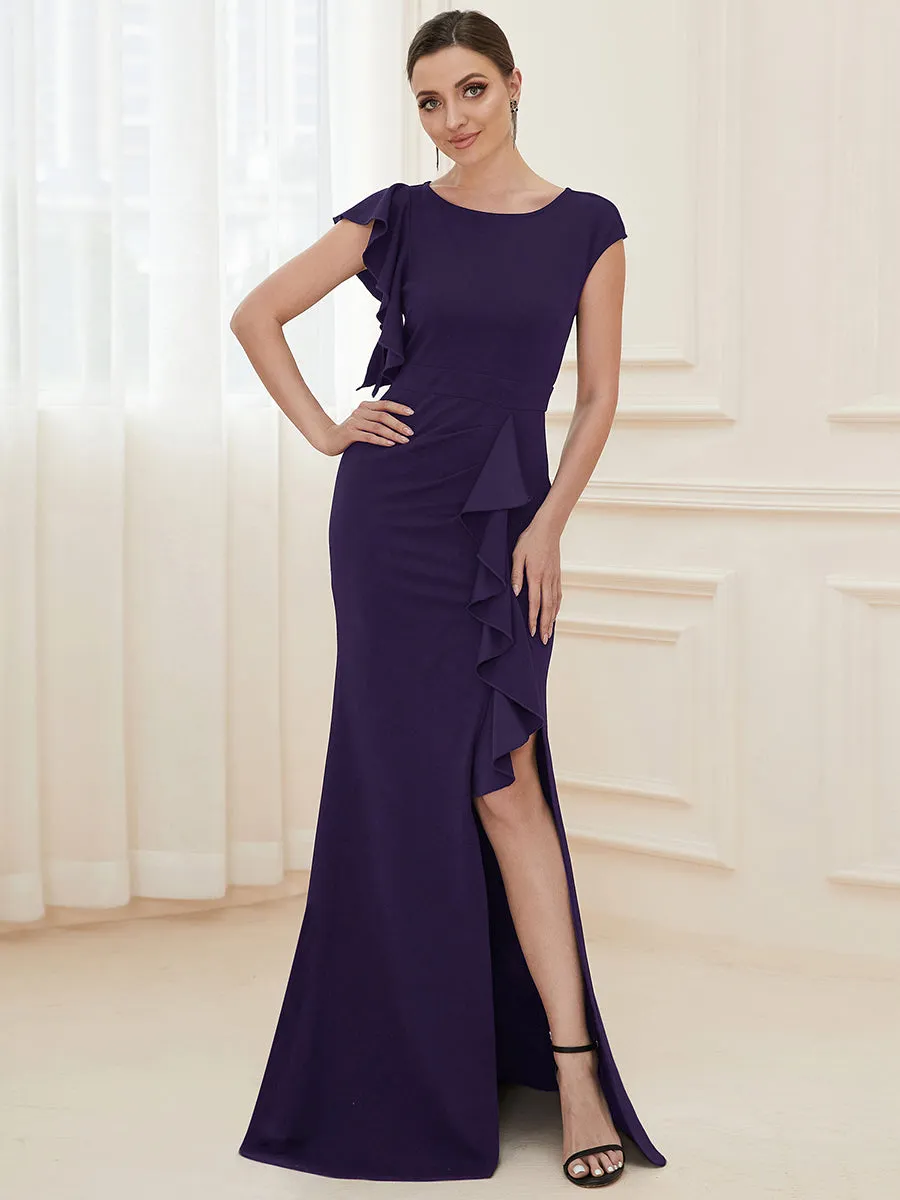 U Neck A Line Split Wholesale Evening Dresses with Cover Sleeves