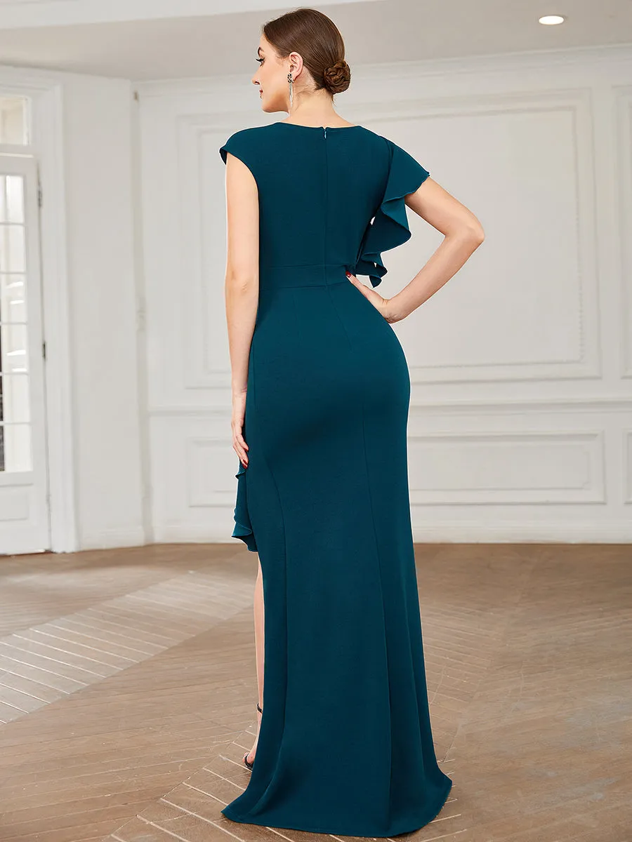 U Neck A Line Split Wholesale Evening Dresses with Cover Sleeves