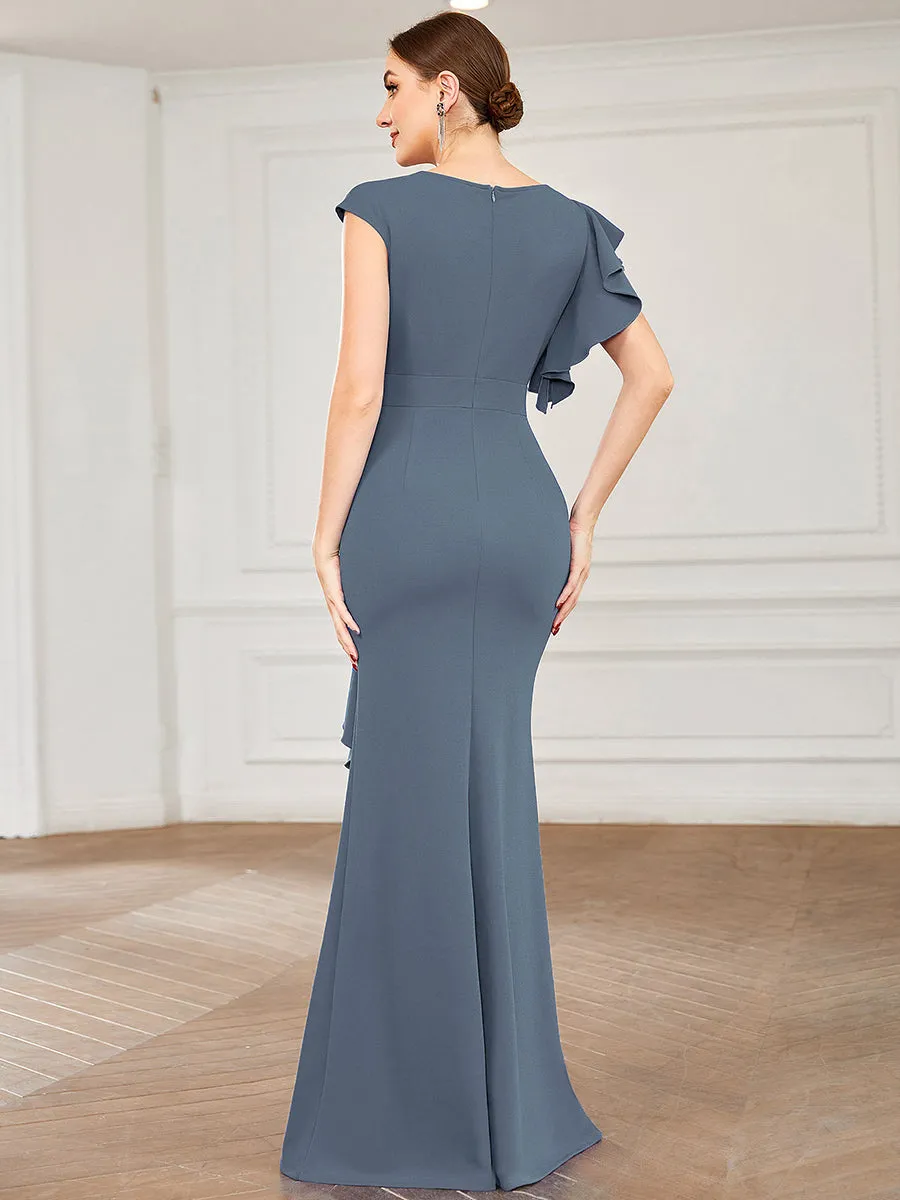 U Neck A Line Split Wholesale Evening Dresses with Cover Sleeves