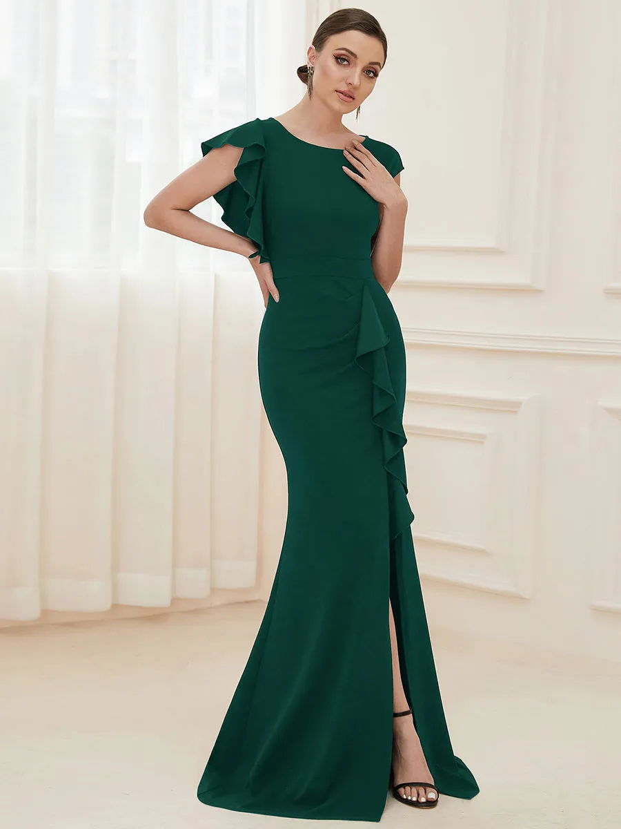 U Neck A Line Split Wholesale Evening Dresses with Cover Sleeves