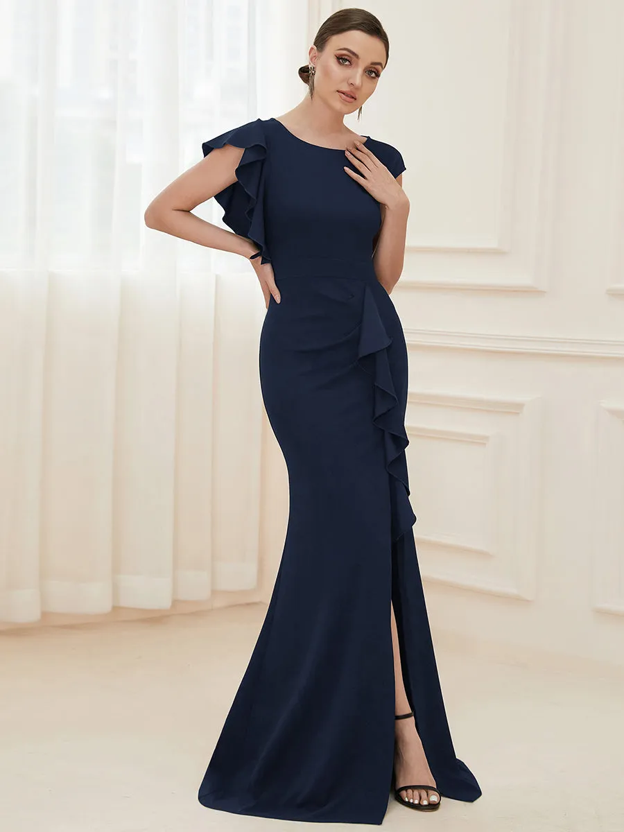 U Neck A Line Split Wholesale Evening Dresses with Cover Sleeves